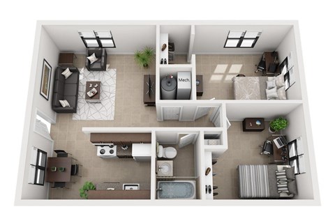 A top-down view of a well-organized apartment with a kitchen, living room, and bathroom.